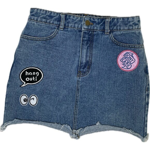 Forever 21 Skirt Women's Size Small Denim Jean Mini With Patches High Waisted - Picture 2 of 6